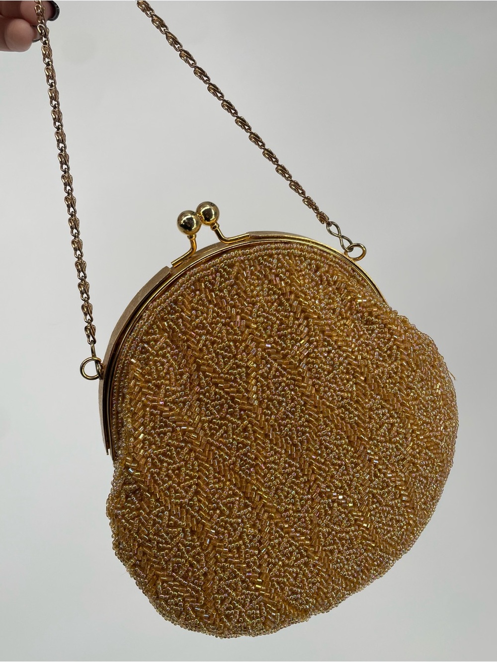 80s 90s Menbur Gold Beaded Mini Evening Bag W/ Chain Strap & Metal Frame